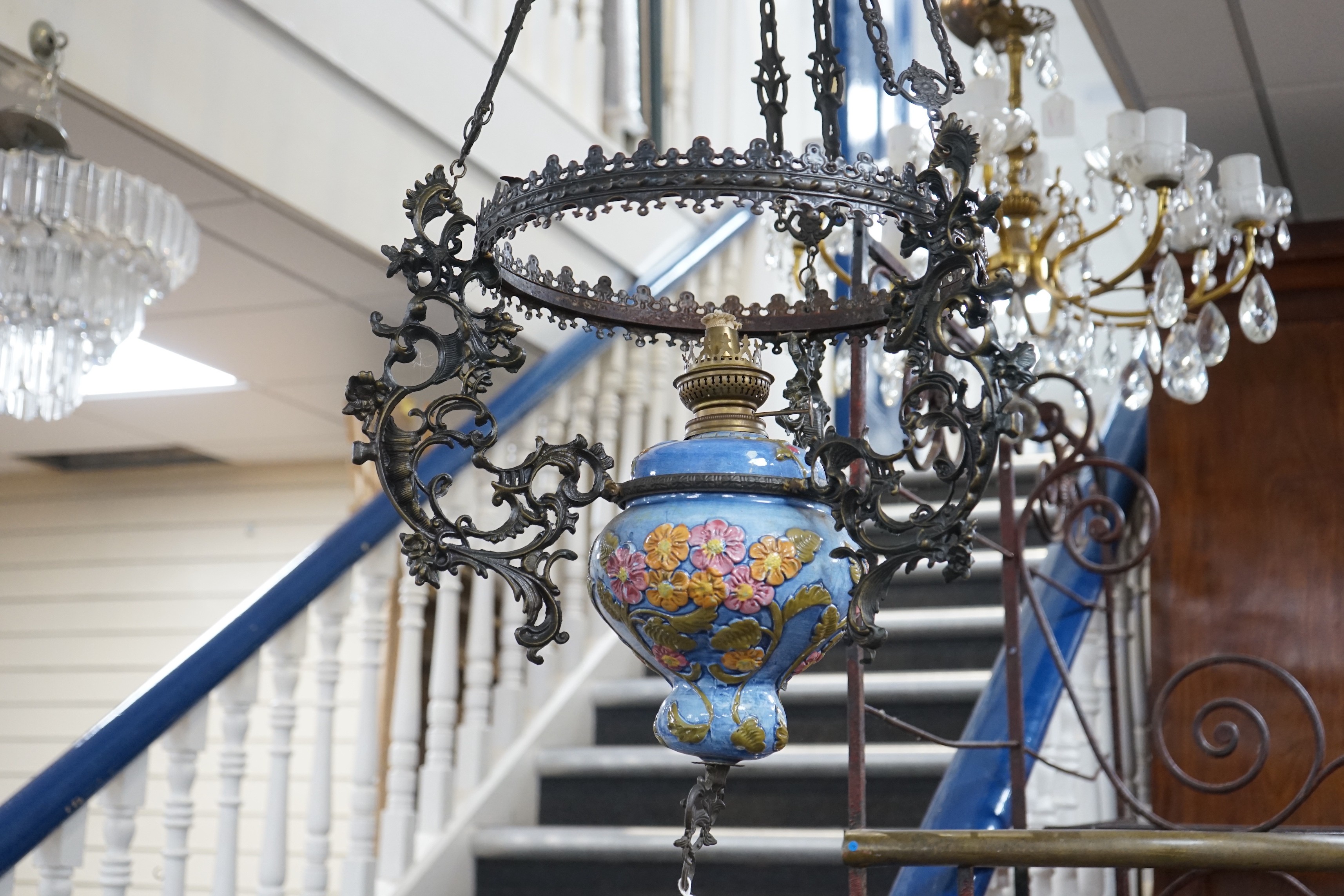 A Victorian ceiling pendant oil lamp rococo style cast brass frame, approximately 96cms high